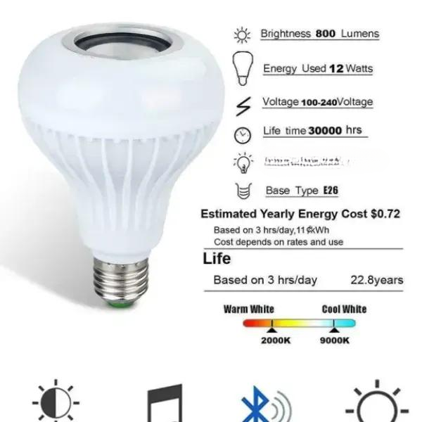 Smart E27 RGB Bluetooth Speaker Bulb – 12W, Remote & App Control
