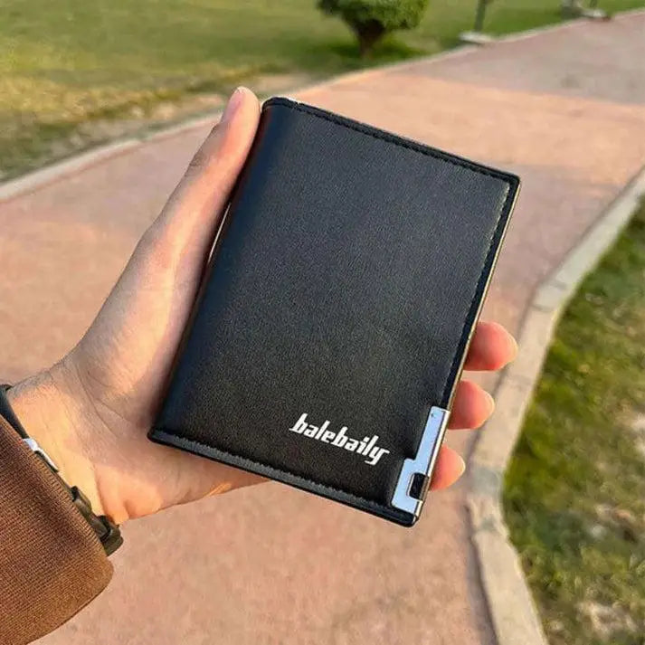 Men's Slim Bifold Leather Wallet – Black | Premium Finish with Metal Corner Detail