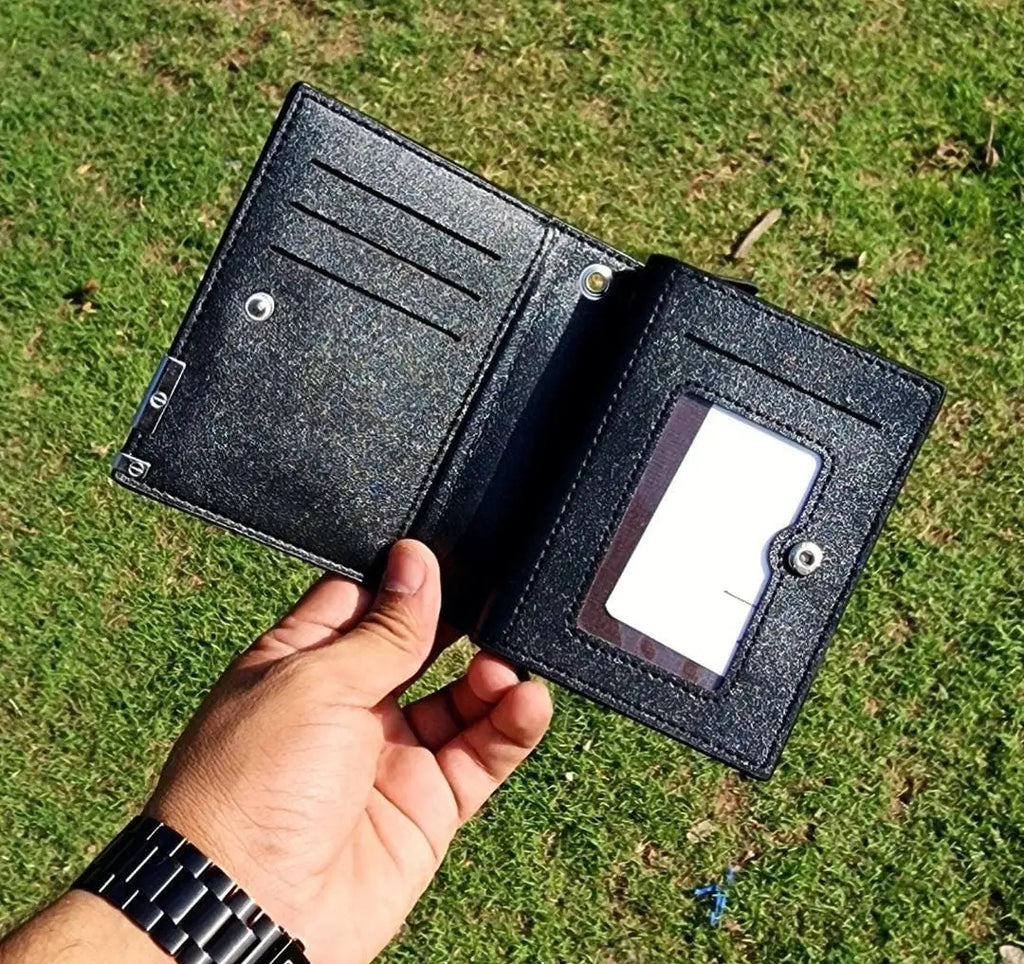 Men's Slim Bifold Leather Wallet – Black | Premium Finish with Metal Corner Detail